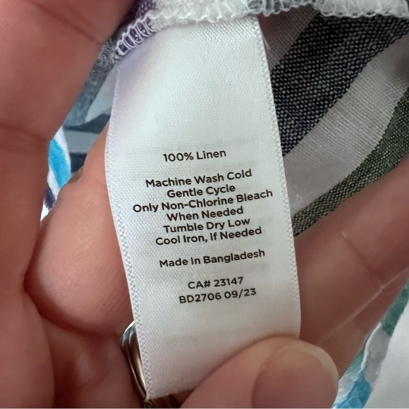 Talbots 100% Linen Popover Top Rockwell Stripe White Blue Green size M - Picture 8 of 15